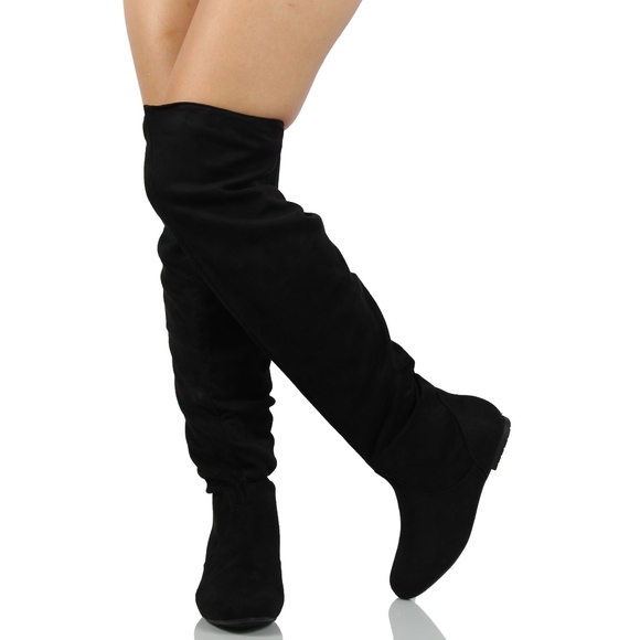 Black Slouchy Over The Knee Pull On Flat Boot - Picture 2 of 6